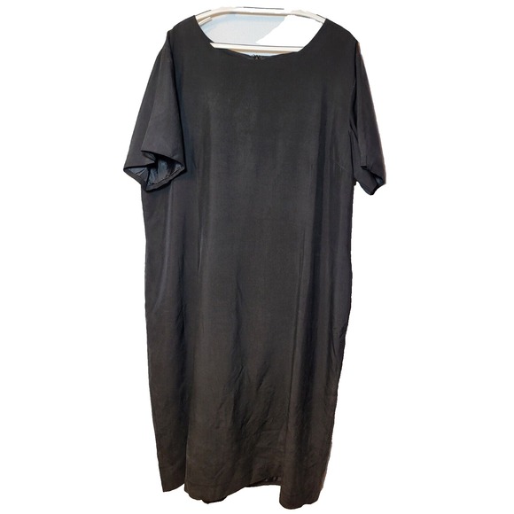 VTG Victoria Holley Black Silk Short Sleeve Round Neck Lined Slit Maxi Dress 26W - Picture 1 of 9